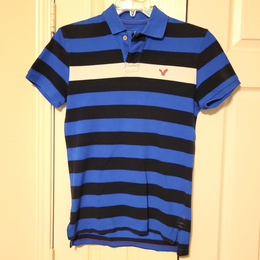 American Eagle Polo Shirt‎ Athletic Fit XSmall Blue, Black & White Striped
